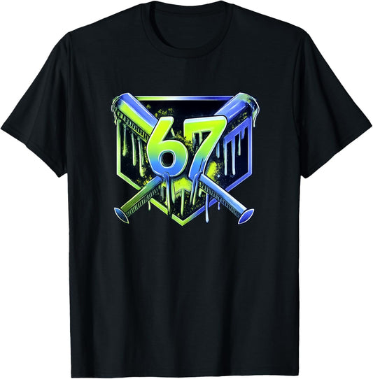 Awesome 67 Baseball Drip Effect, Baseball 6-7 Meme Graphic T-Shirt - T-Shirt | Black