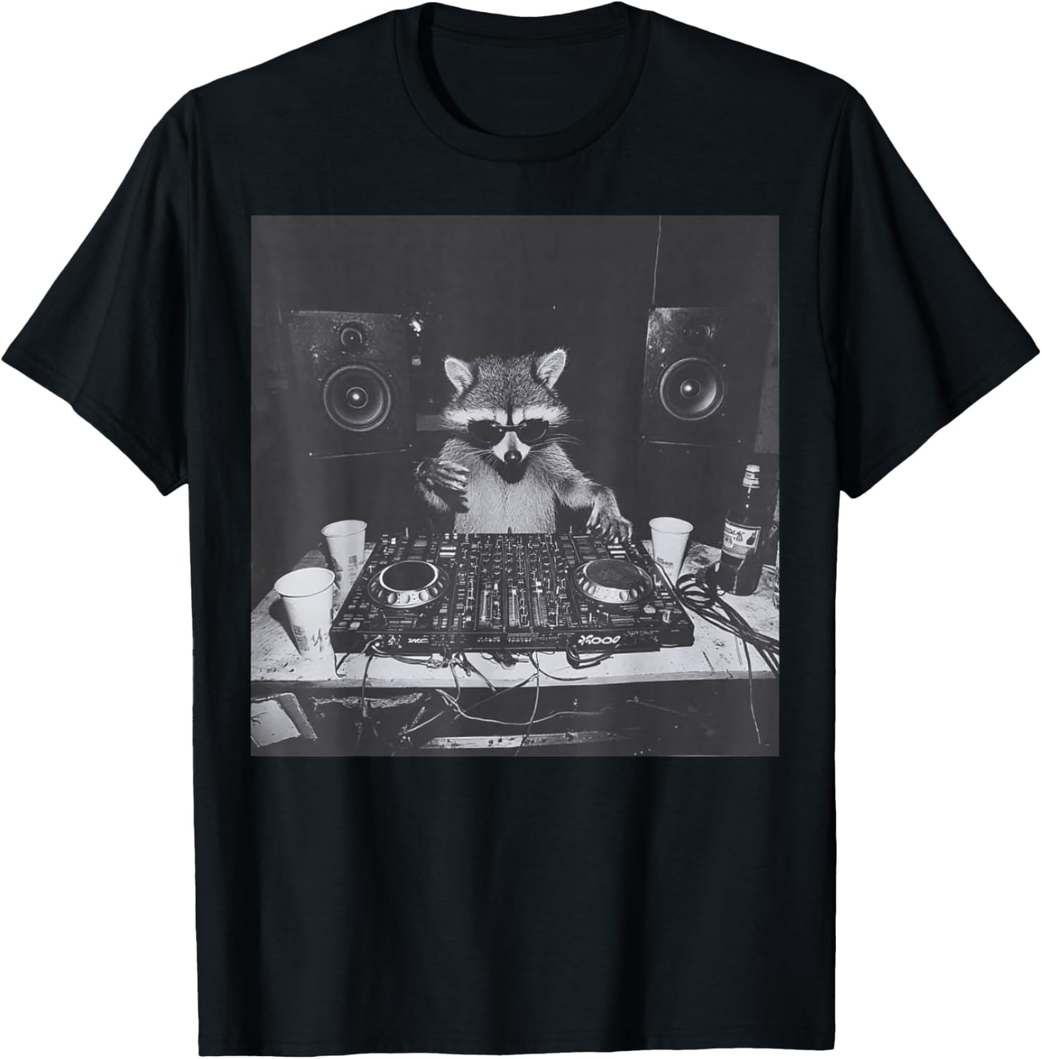 Funny DJ Raccoon House Party Sound Tech Music Trashed Panda T-Shirt - T-Shirt | Black