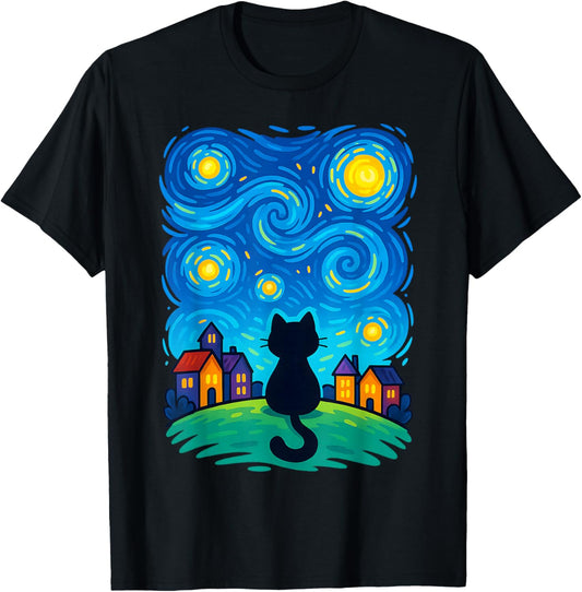 Cat Looking at Starry Night Sky Colorful Moon Houses Stars T-Shirt - T-Shirt | Black