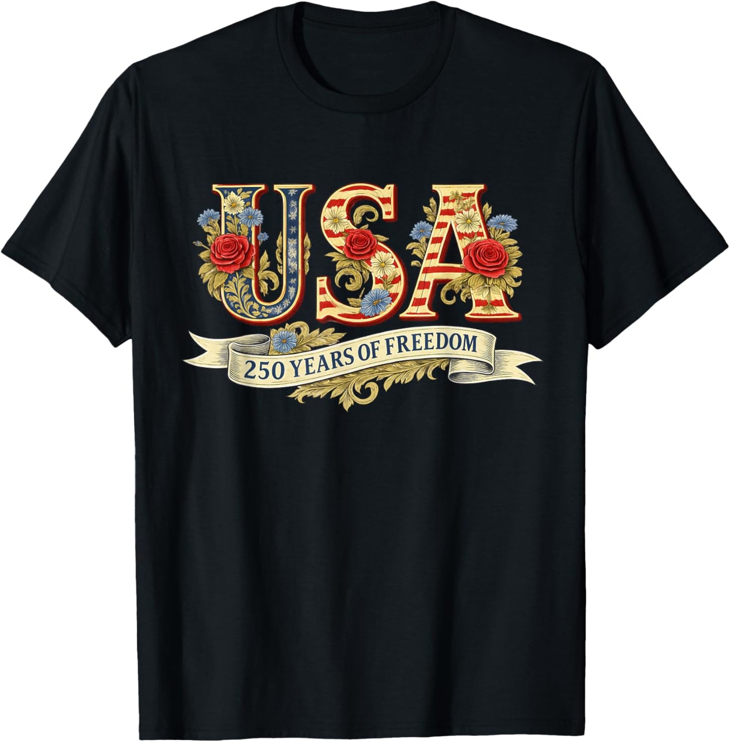 USA Floral Letters 250 Years of Freedom Vintage T-Shirt - T-Shirt | Black