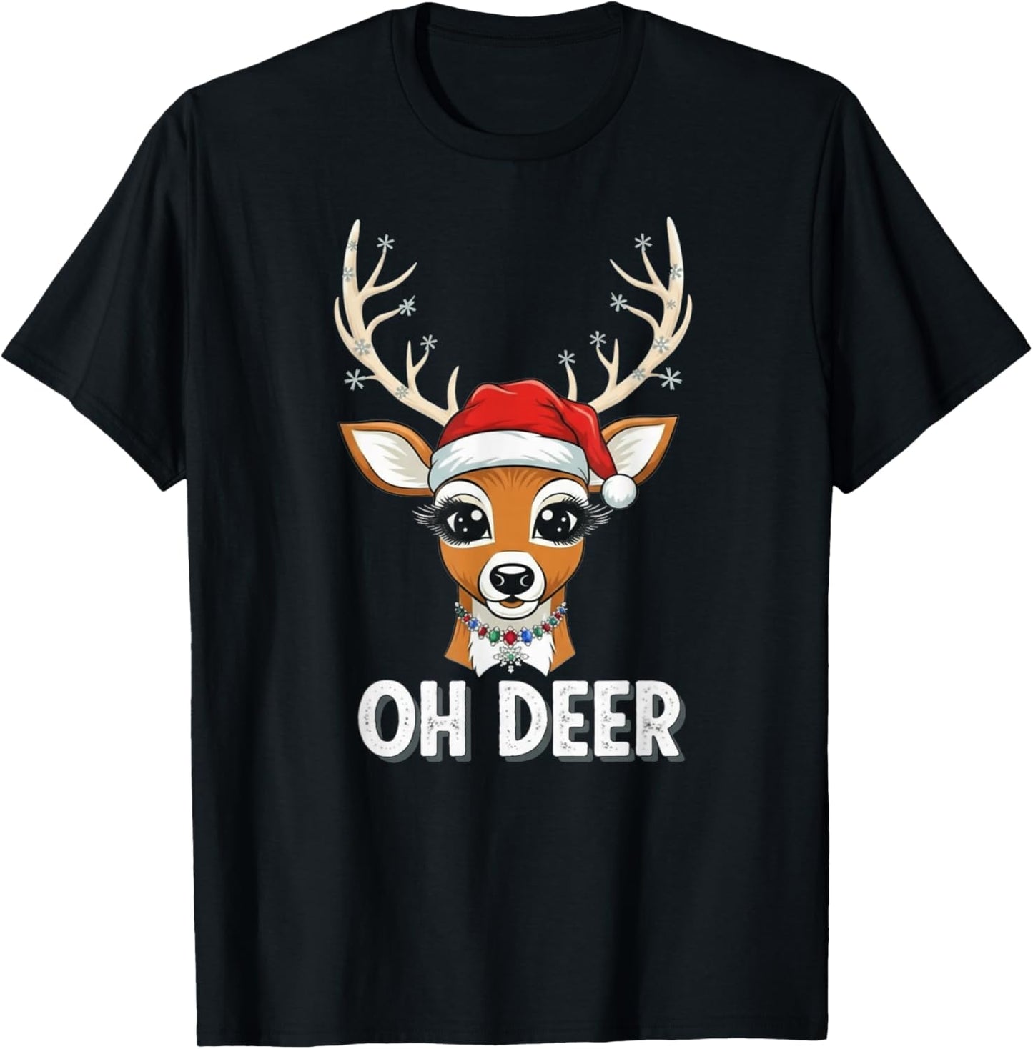 Funny Oh Deer Reindeer Santa Hat Cute Christmas Pun for Holi T-Shirt - T-Shirt | Black