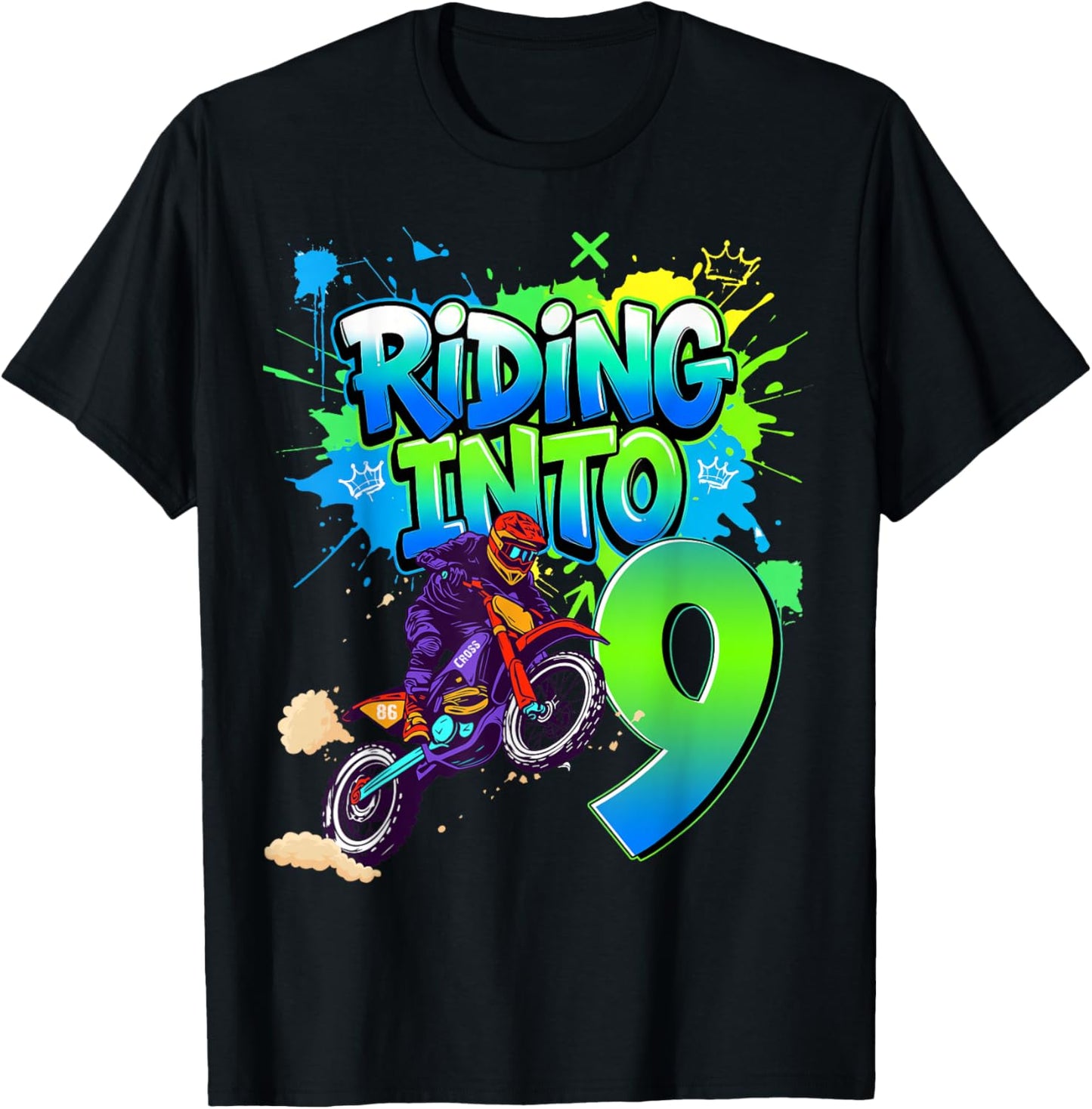 Riding Into 9 Years Old 9th Birthday Dirt Bike Boy Party T-Shirt - T-Shirt | Black