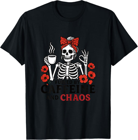 Fueled by Caffeine and Chaos Flowers Skeleton Mom Coffee T-Shirt - T-Shirt | Black