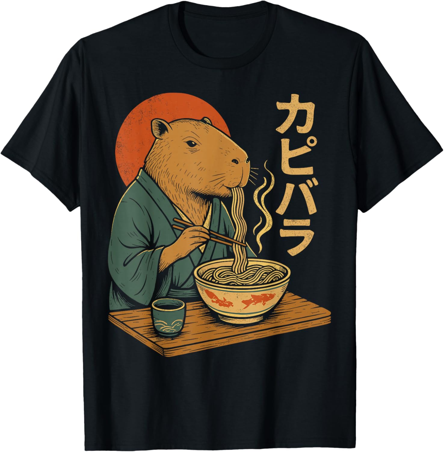 Capybara Eating Ramen Noodles Vintage Japanese Capybara T-Shirt - T-Shirt | Black