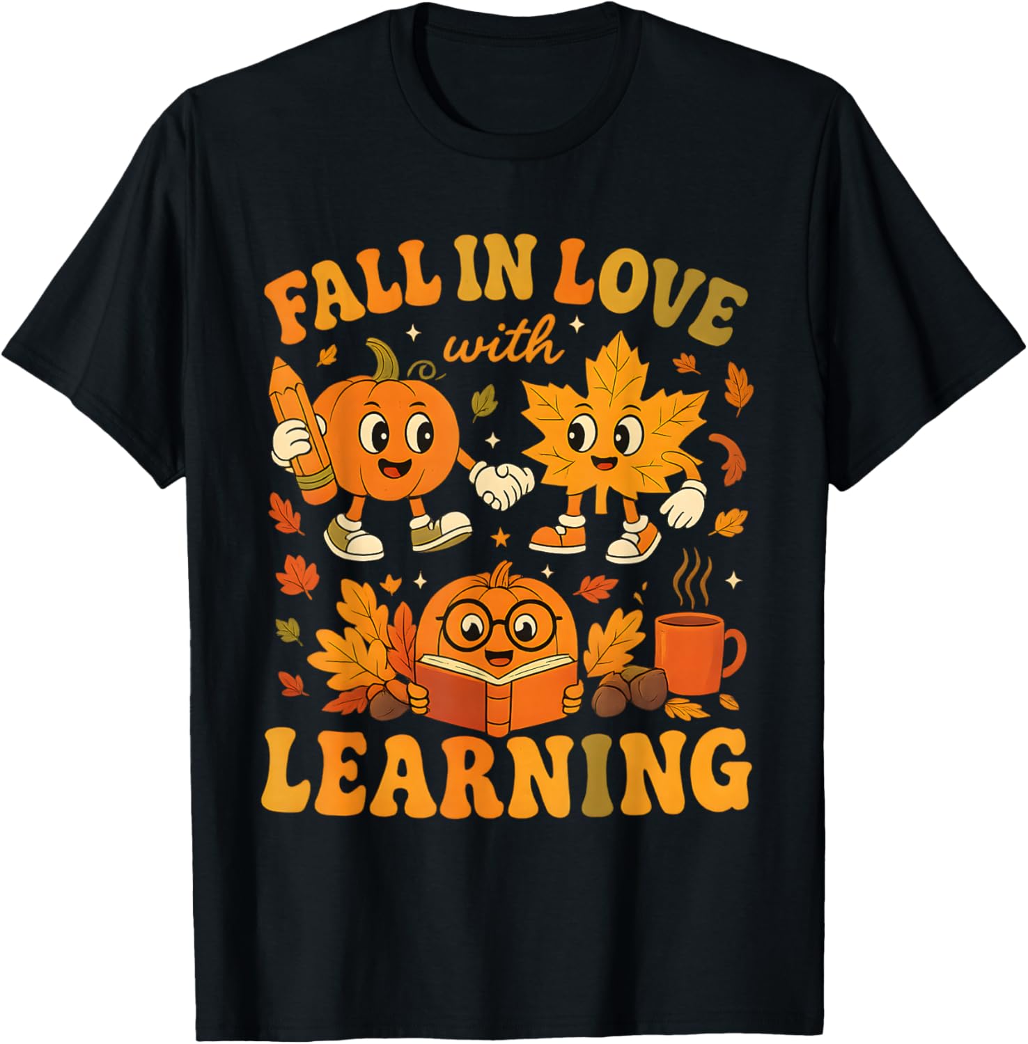 Retro Fall in Love with Learning Autumn Thanksgiving Teacher T-Shirt - T-Shirt | Black