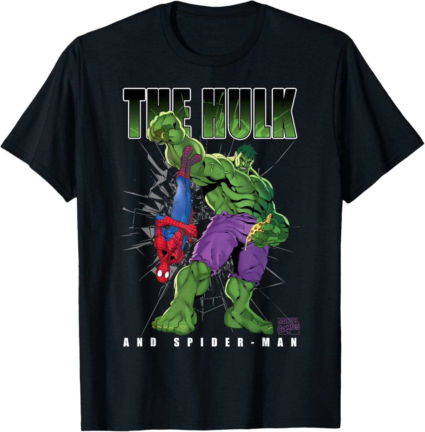 Marvel Comics Hulk and Spider-Man Pizza Smash Duo T-Shirt - T-Shirt | Black