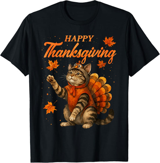 Cute Cat Turkey Happy Thanksgiving Fall Meow Cat Lover T-Shirt - T-Shirt | Black