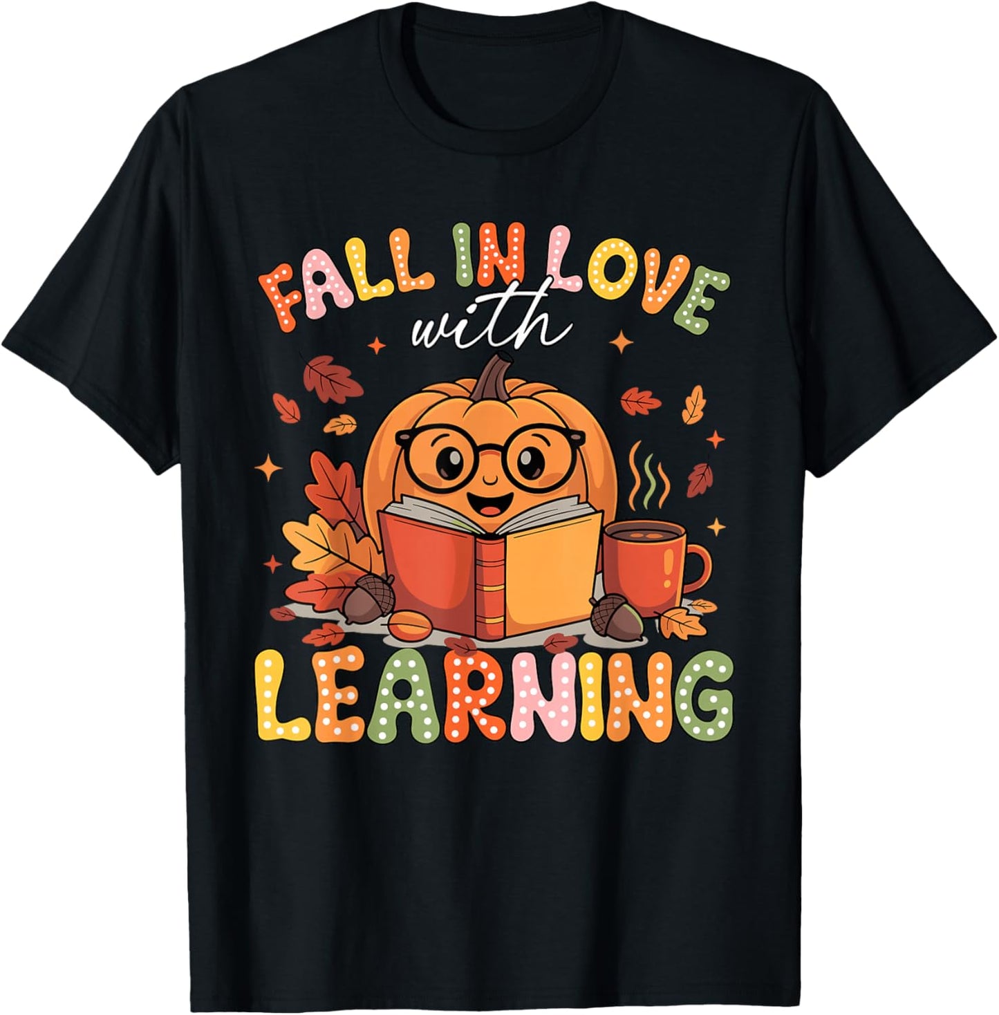 Retro Fall in Love with Learning Pumpkin Teacher Autumn T-Shirt - T-Shirt | Black