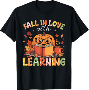 Retro Fall in Love with Learning Pumpkin Teacher Autumn T-Shirt - T-Shirt | Black