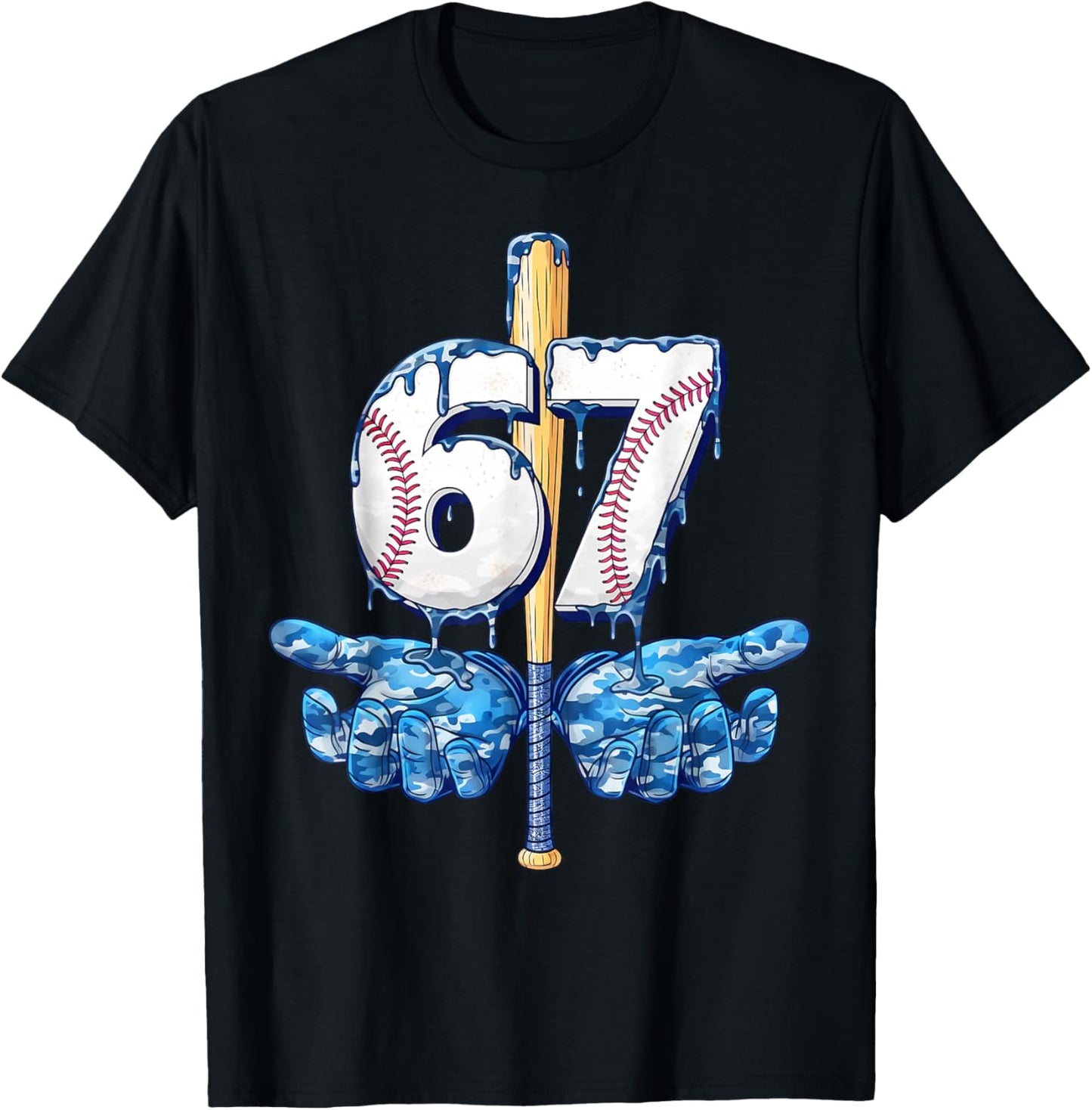 Blue Camo Baseball 67 Six Seven Camo Ice Cream Drip Boy Teen T-Shirt - T-Shirt | Black