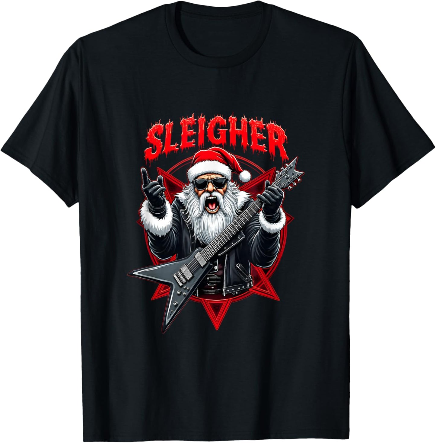 Funny Xmas Christmas Guitar Santa Sleigher Heavy Metal Rock T-Shirt - T-Shirt | Black
