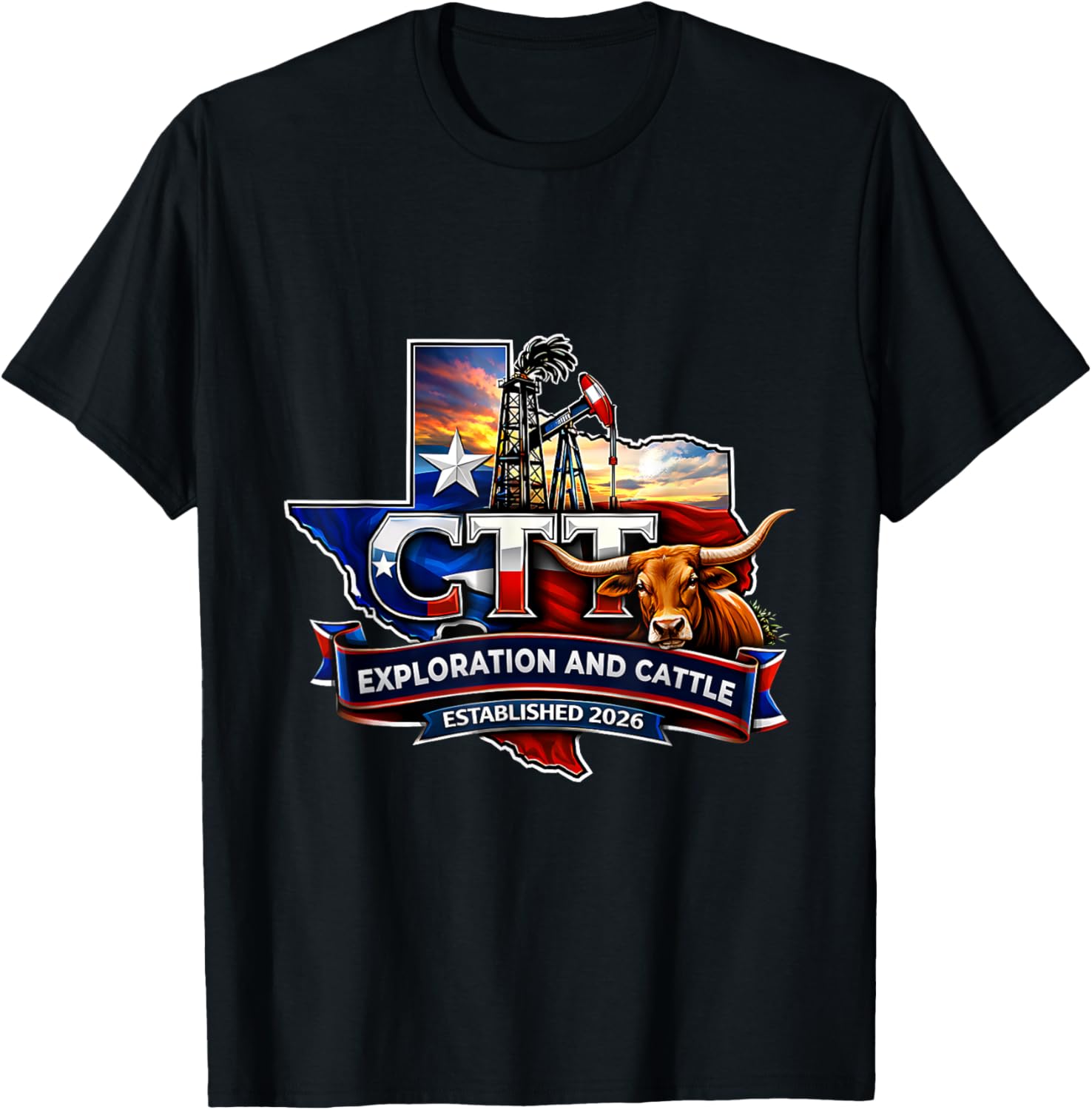 Texas Bull Oilfield Ranch Exploration Theme Western T-Shirt - T-Shirt | Black