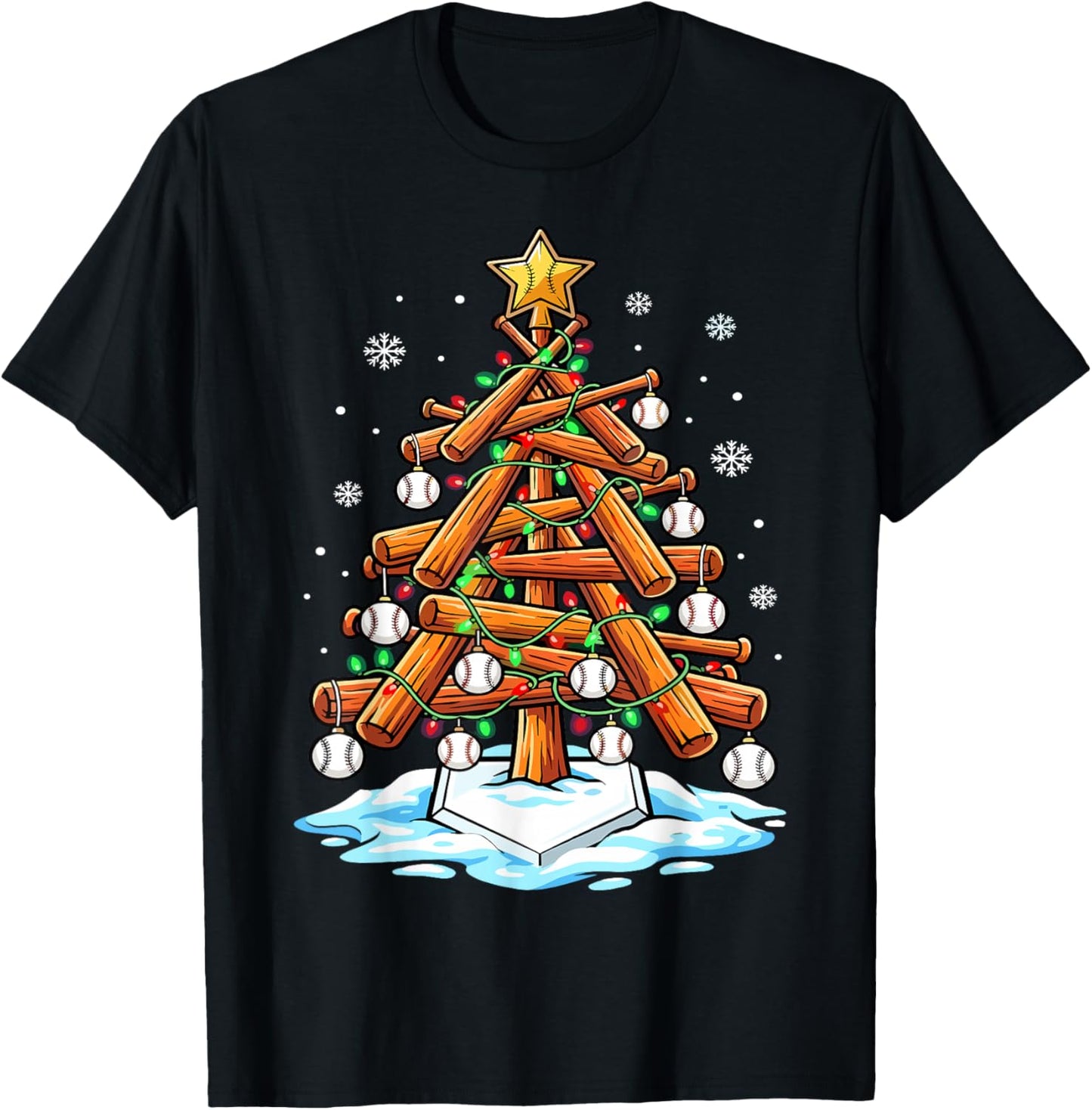 Christmas Baseball Tree Lights Xmas T-Shirt - T-Shirt | Black