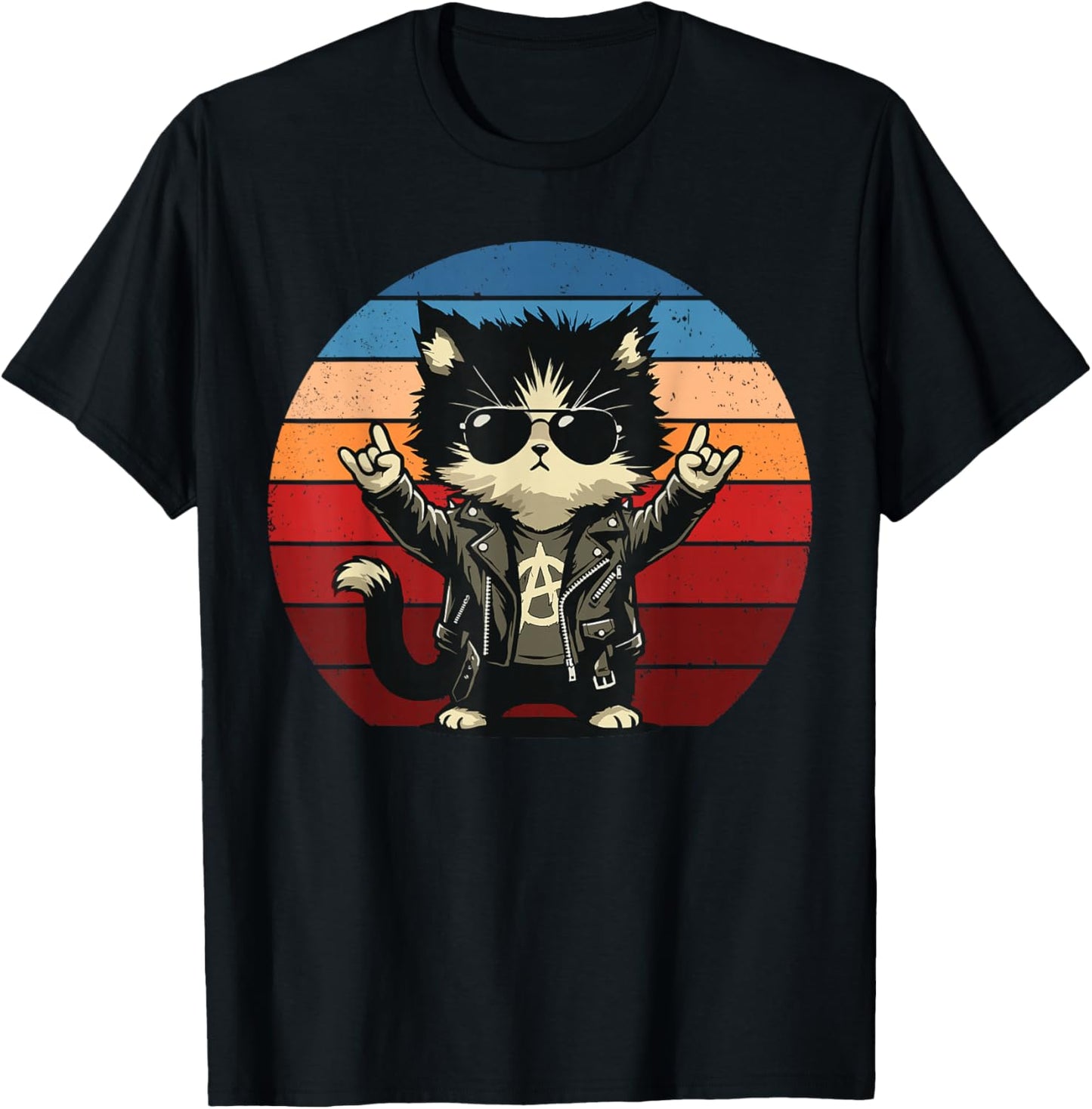 Retro Cat Rock Music Men Kids Women Funny Cat T-Shirt - T-Shirt | Black