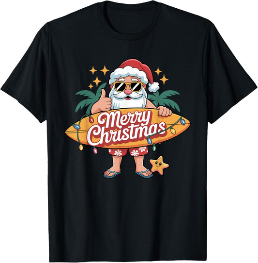 Santa Surfing Hawaiian Beach Christmas in July Tropical Xmas T-Shirt - T-Shirt | Black