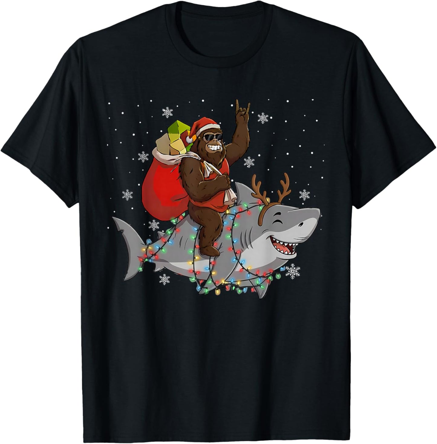 Bigfoot Riding Shark Deer Xmas Shark Christmas T-Shirt - T-Shirt | Black