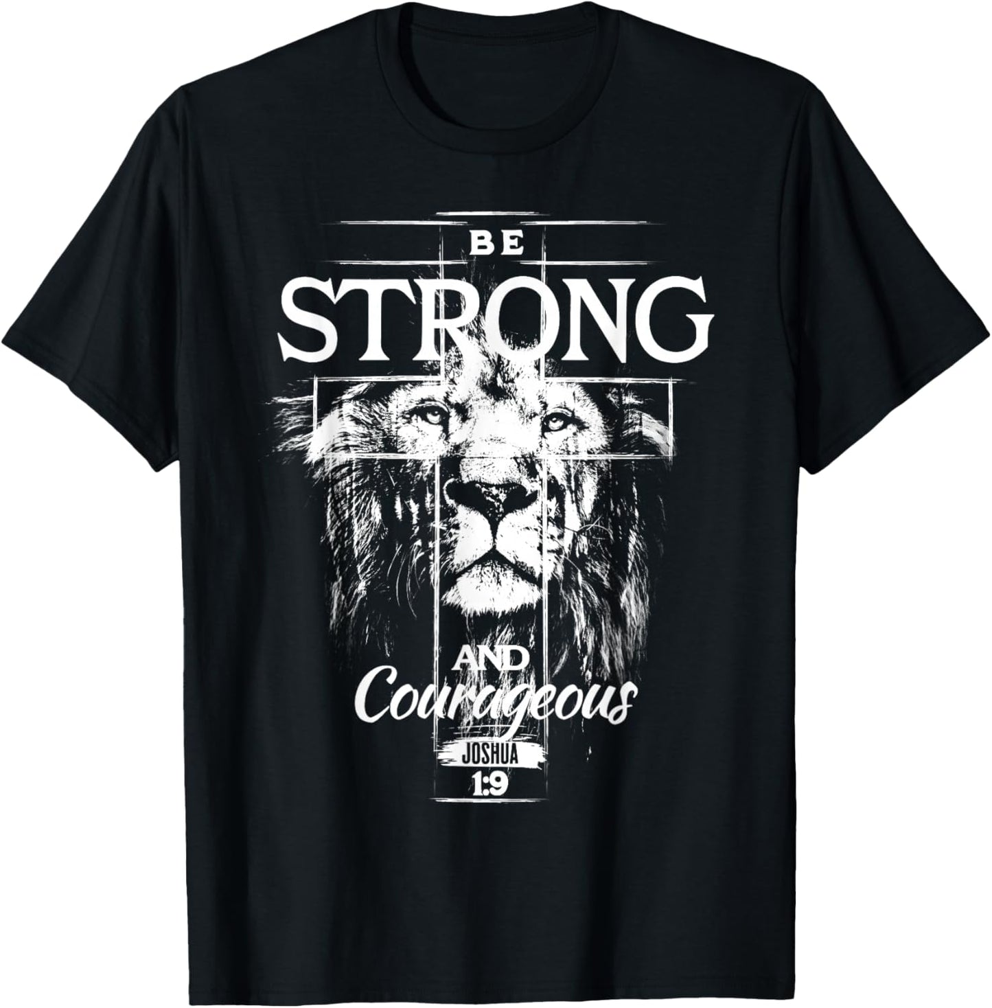 Christian Lion Be Strong and Courageous Faith Cross Men T-Shirt - T-Shirt | Black