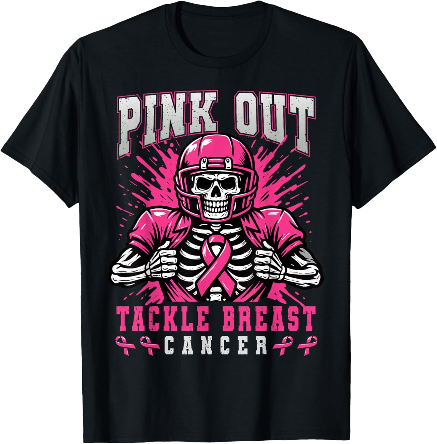 Pink Out Tackle Breast Cancer Football Skeleton Halloween T-Shirt - T-Shirt | Black