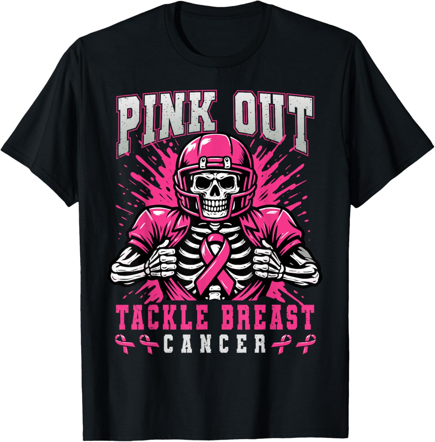 Pink Out Tackle Breast Cancer Football Skeleton Halloween T-Shirt - T-Shirt | Black