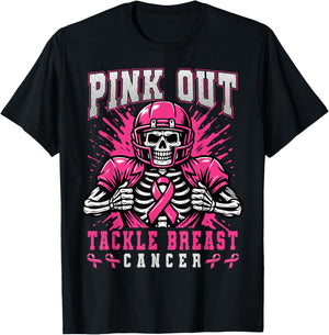 Pink Out Tackle Breast Cancer Football Skeleton Halloween T-Shirt - T-Shirt | Black
