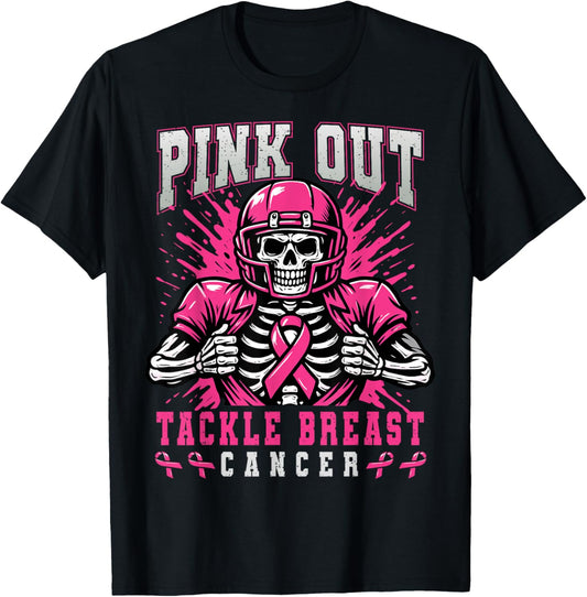 Pink Out Tackle Breast Cancer Football Skeleton Halloween T-Shirt - T-Shirt | Black
