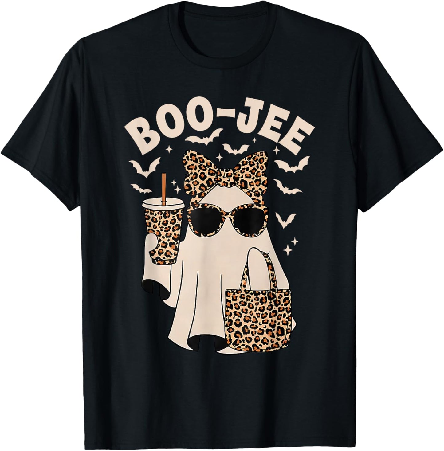 Boo JEE Boujee Leopard Ghost Halloween October Vibes T-Shirt - T-Shirt | Black