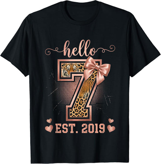 Hello Seven EST 2019 7th Birthday Coquette 7 Year Leopard T-Shirt - T-Shirt | Black