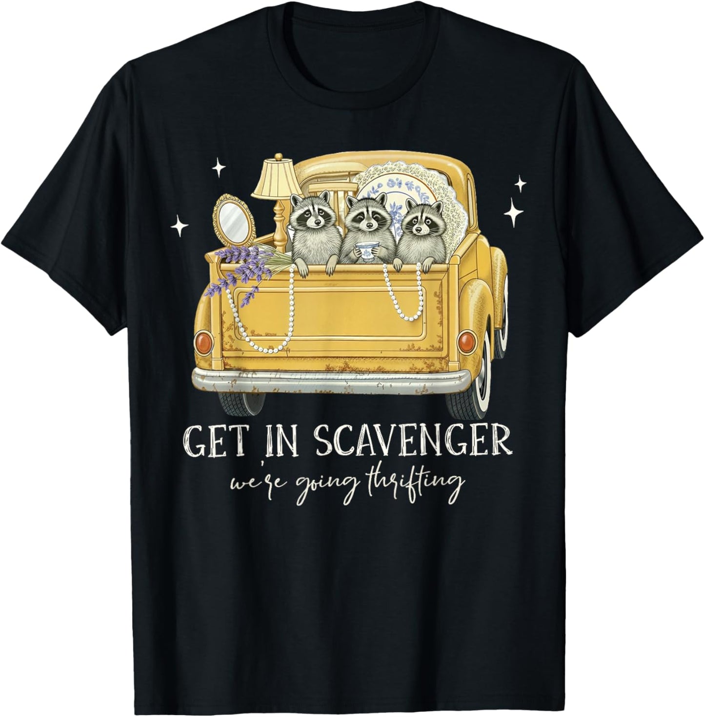 Get in Scavenger We're Going Thrifting Raccoon Vintage Car T-Shirt - T-Shirt | Black
