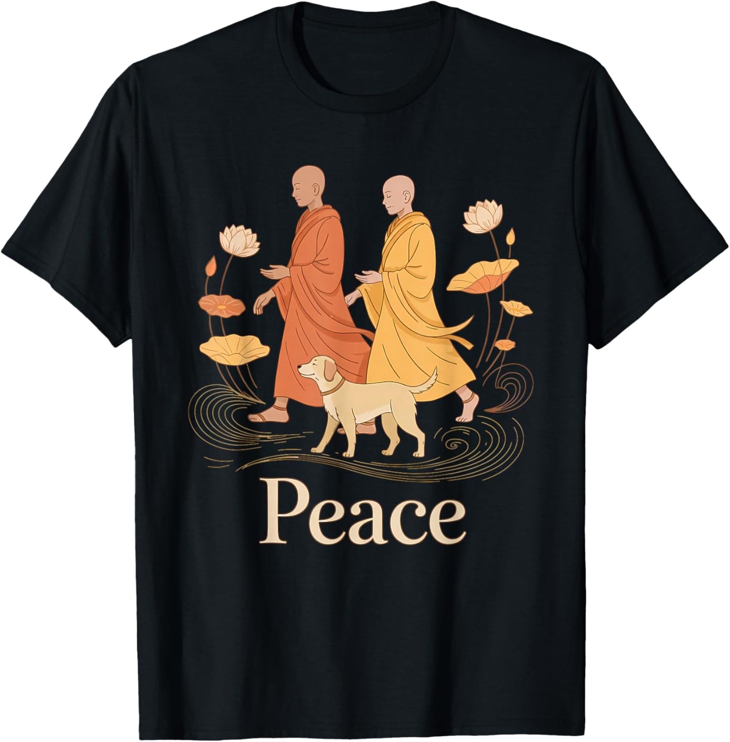 Vintage Peace Walking Monks & Dog Minimalist Zen Art T-Shirt - T-Shirt | Black
