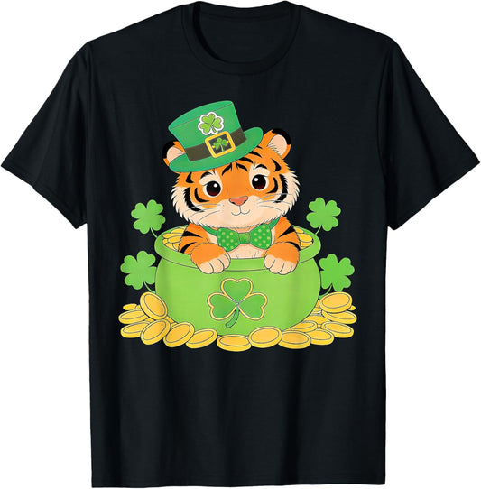 Irish Shamrock Leprechaun Funny Tiger St. Patrick’s Day T-Shirt - T-Shirt | Black