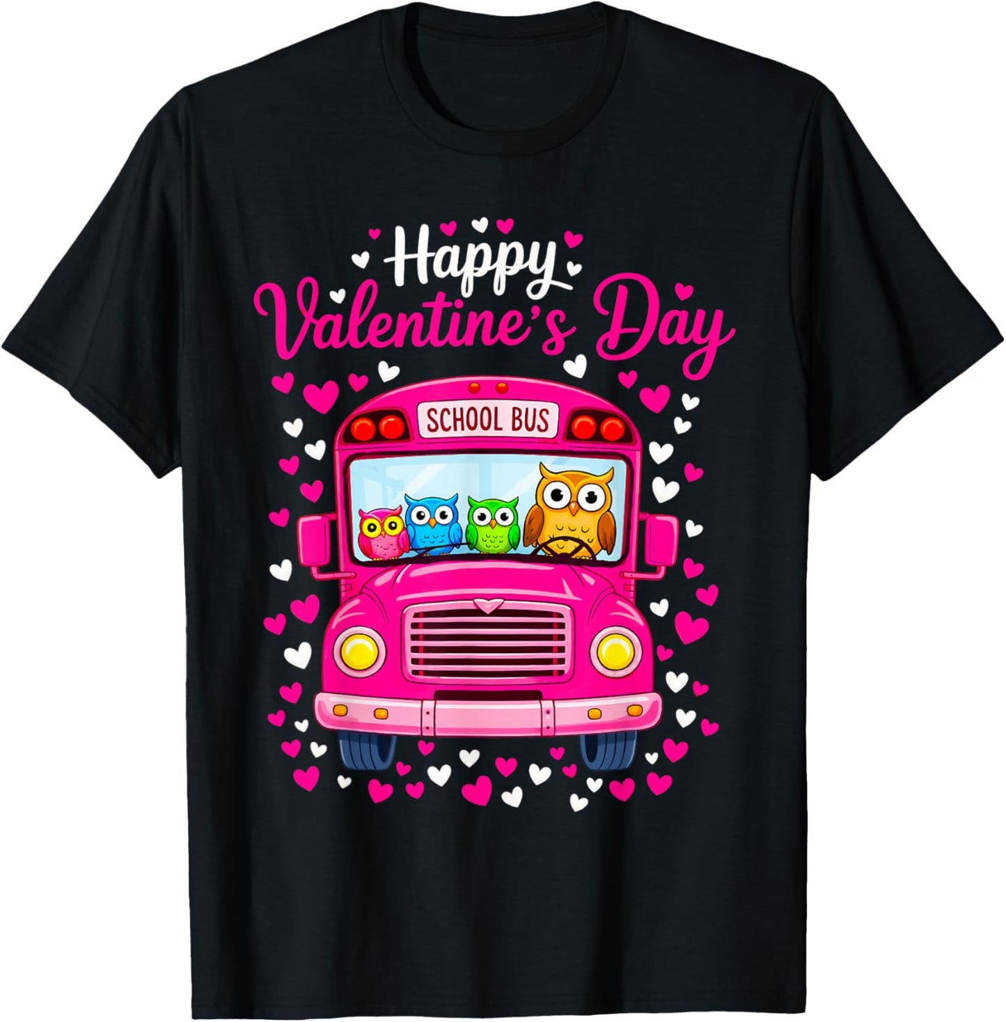 Funny Owls School Bus Driver Happy Valentines Day T-Shirt - T-Shirt | Black
