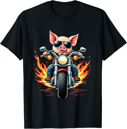Funny Pig Riding a Motorcycle Design Pig Lovers T-Shirt - T-Shirt | Black