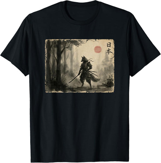 Anime Ukiyo-e Japanese Vintage Warrior Samurai Kitsune Fox T-Shirt - T-Shirt | Black