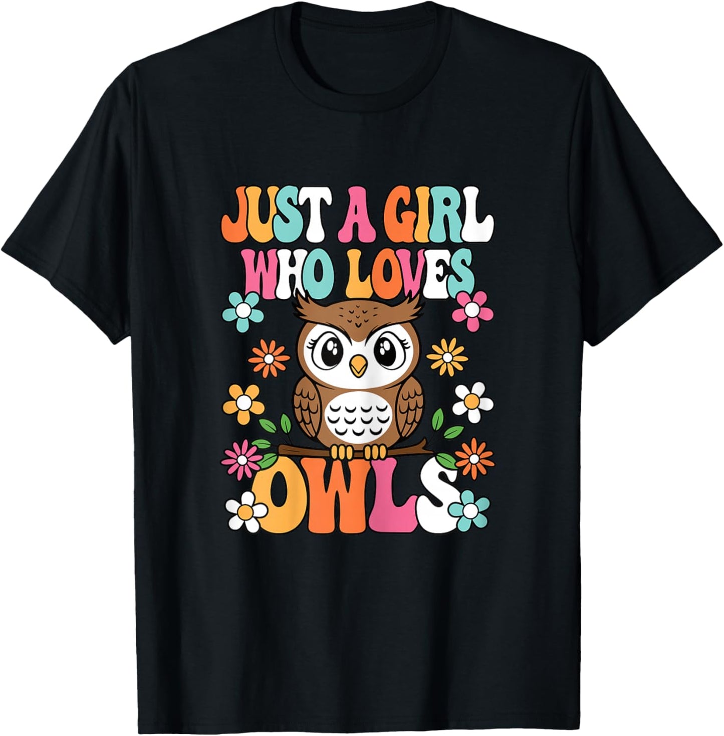 Just A Girl Who Loves Owls Cute Groovy Owl Lover Kids T-Shirt - T-Shirt | Black