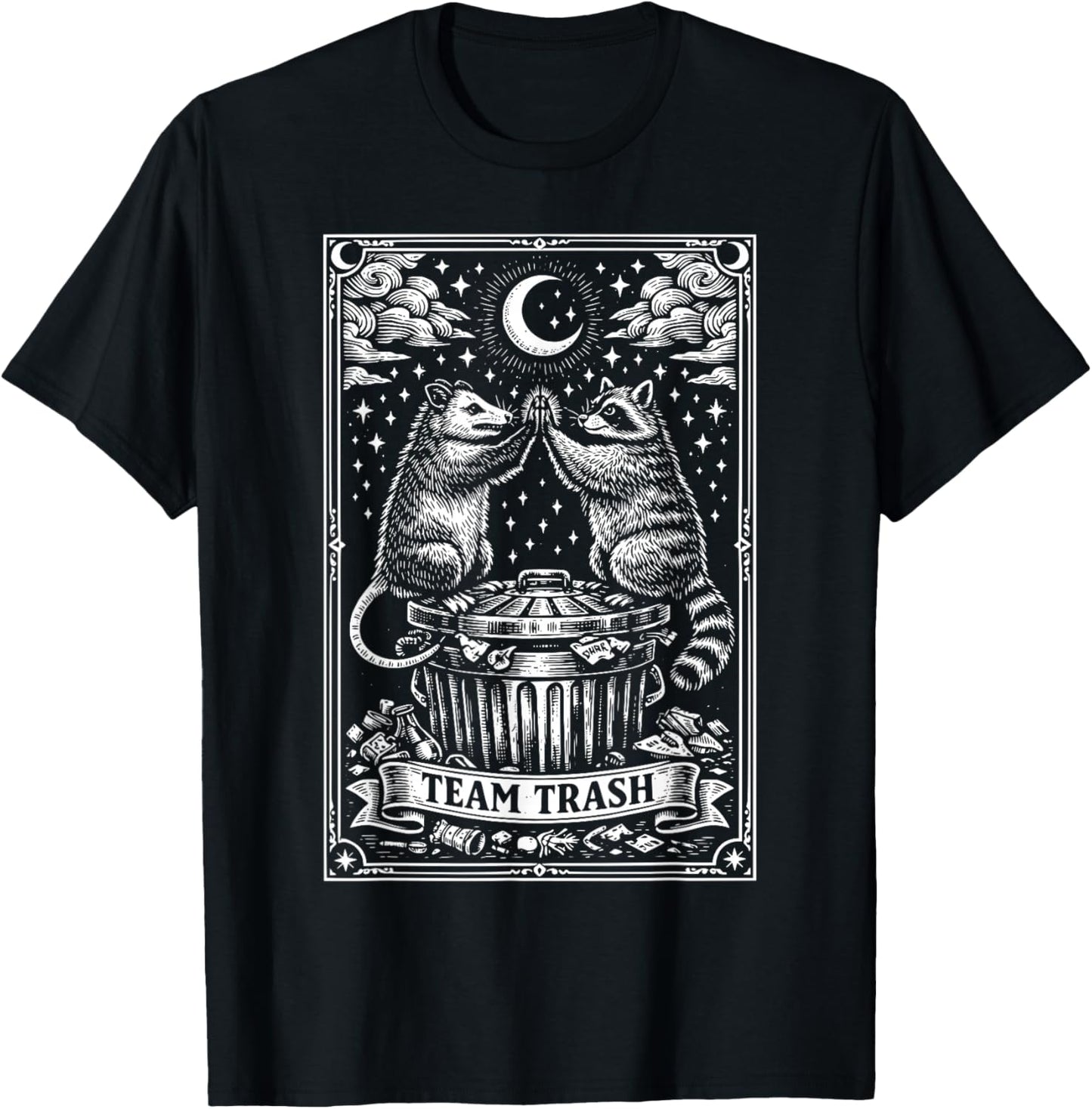 Vintage Tarot Card Raccoon Opossum Crescent Moon Raccoon T-Shirt - T-Shirt | Black