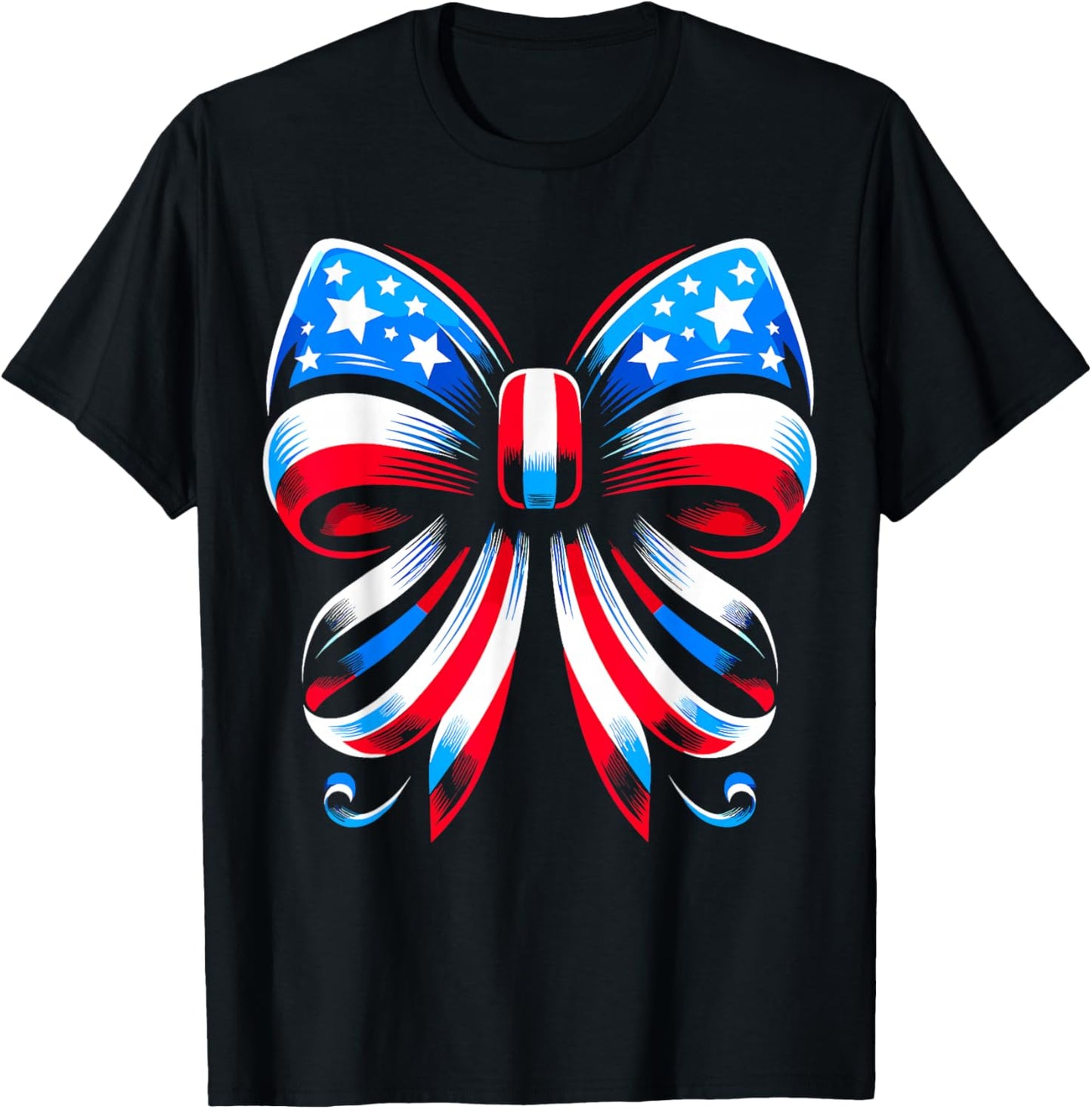 Coquette Bow Ribbon Red White Blue USA Flag 4th of July T-Shirt - T-Shirt | Black