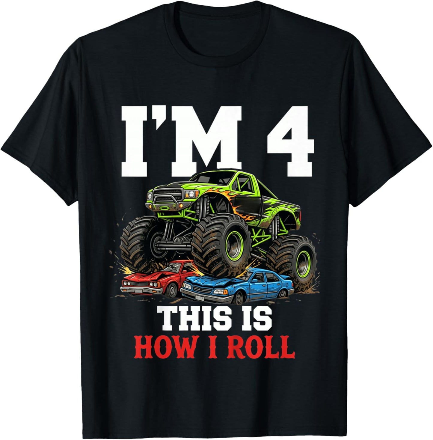 Kids Racing Monster Truck 4th Birthday 4 Year Old Boy Born 2022 T-Shirt - T-Shirt | Black
