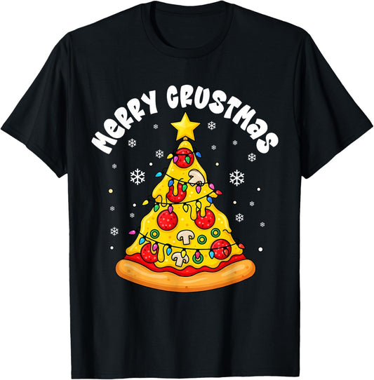 Pizza Christmas Tree Lights Xmas Boys Men Crustmas Pepperoni T-Shirt - T-Shirt | Black