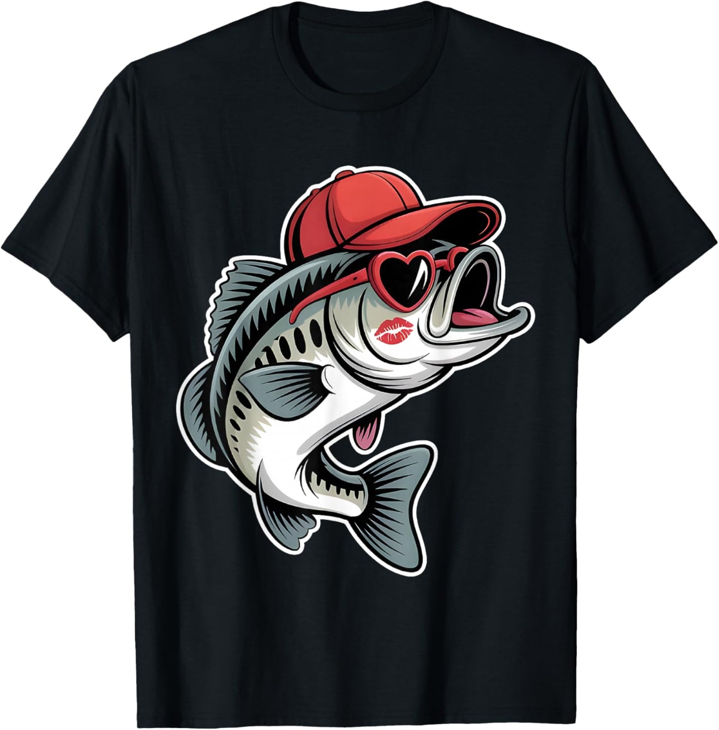 Funny Valentine Fishing Bass Heart Sunglasses Kids Boys T-Shirt - T-Shirt | Black