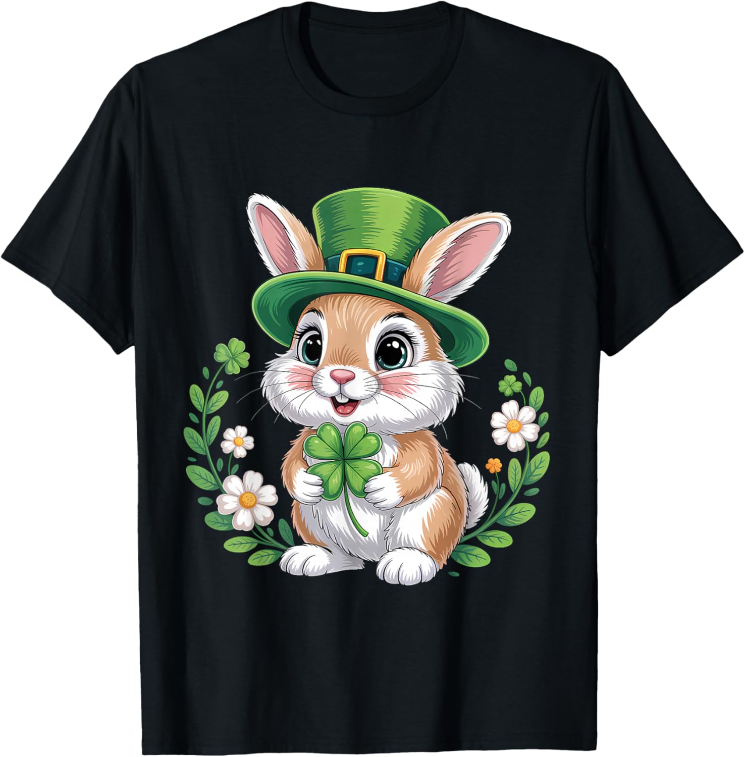 St Patricks Day Bunny Clover T-Shirt - T-Shirt | Black