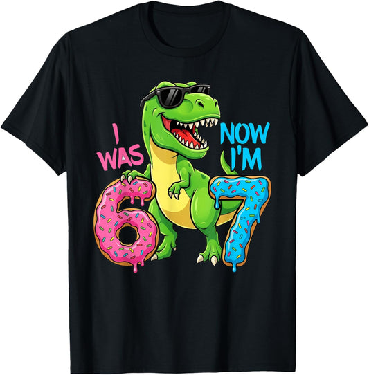 I was Six Now I'm Seven Dinosaur 67 Meme 7th Birthday T-Shirt - T-Shirt | Black