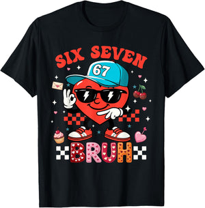 Funny Six Seven 67 6 7 Meme Heart Valentines Bro Kids Boys T-Shirt - T-Shirt | Black