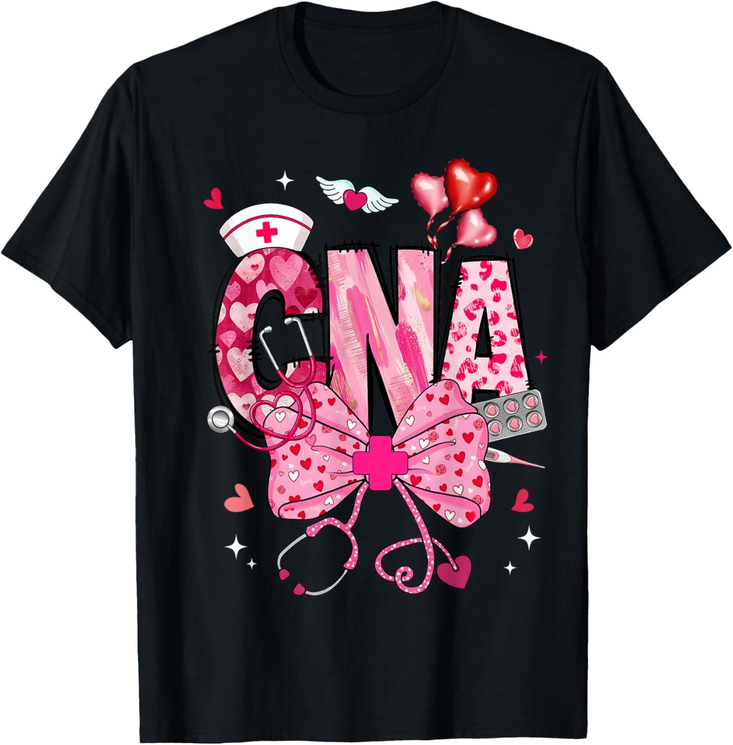 CNA Valentine Coquette Bow Stethoscope Nurse Girl Women T-Shirt - T-Shirt | Black
