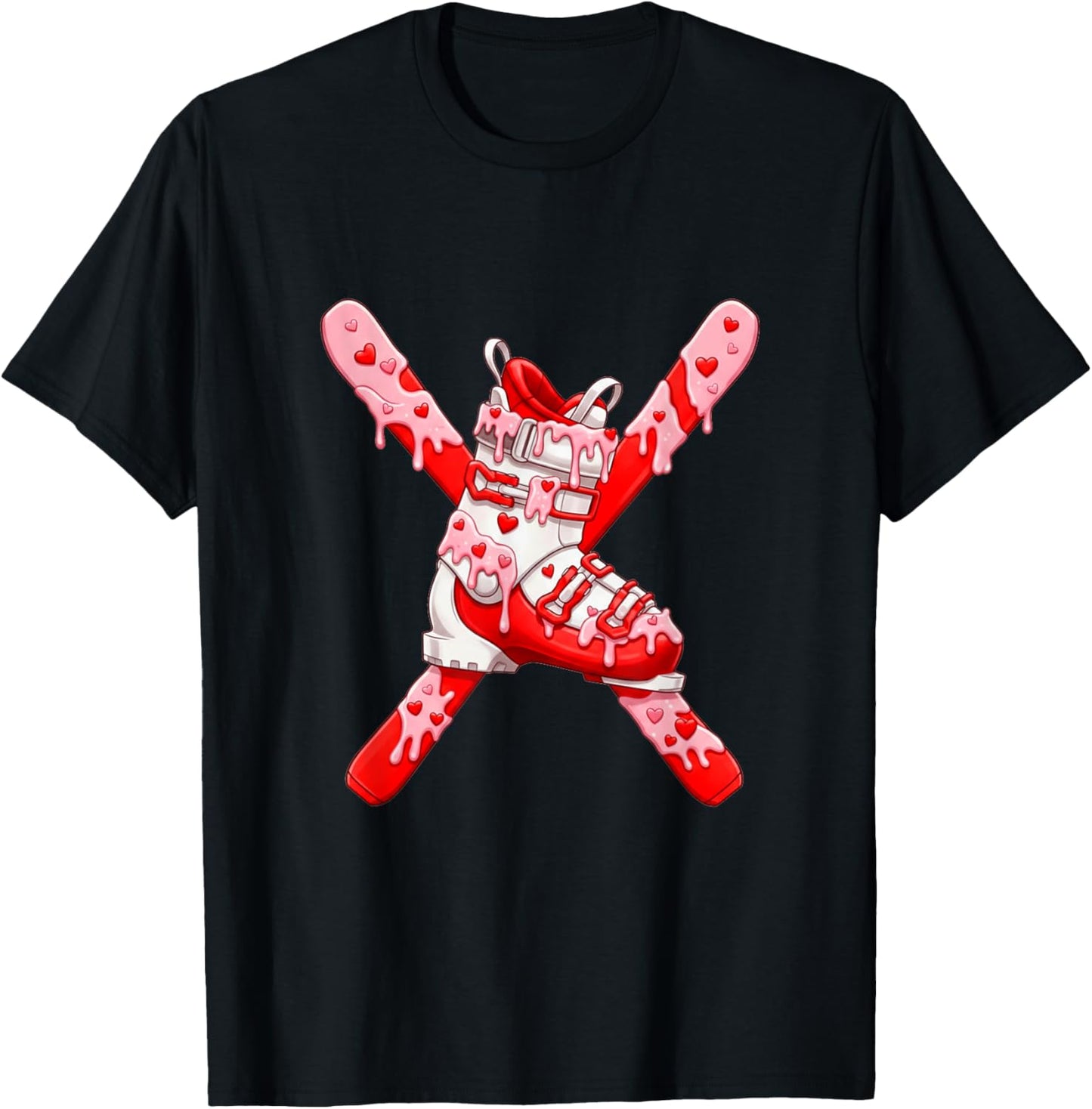 Skiing Skier Valentines Day Ice Cream Drip Heart Boys Girls T-Shirt - T-Shirt | Black