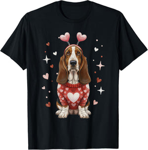 Cute Basset Hound Valentine Heart Valentines Day T-Shirt - T-Shirt | Black