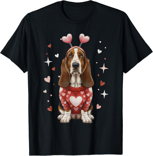 Cute Basset Hound Valentine Heart Valentines Day T-Shirt - T-Shirt | Black