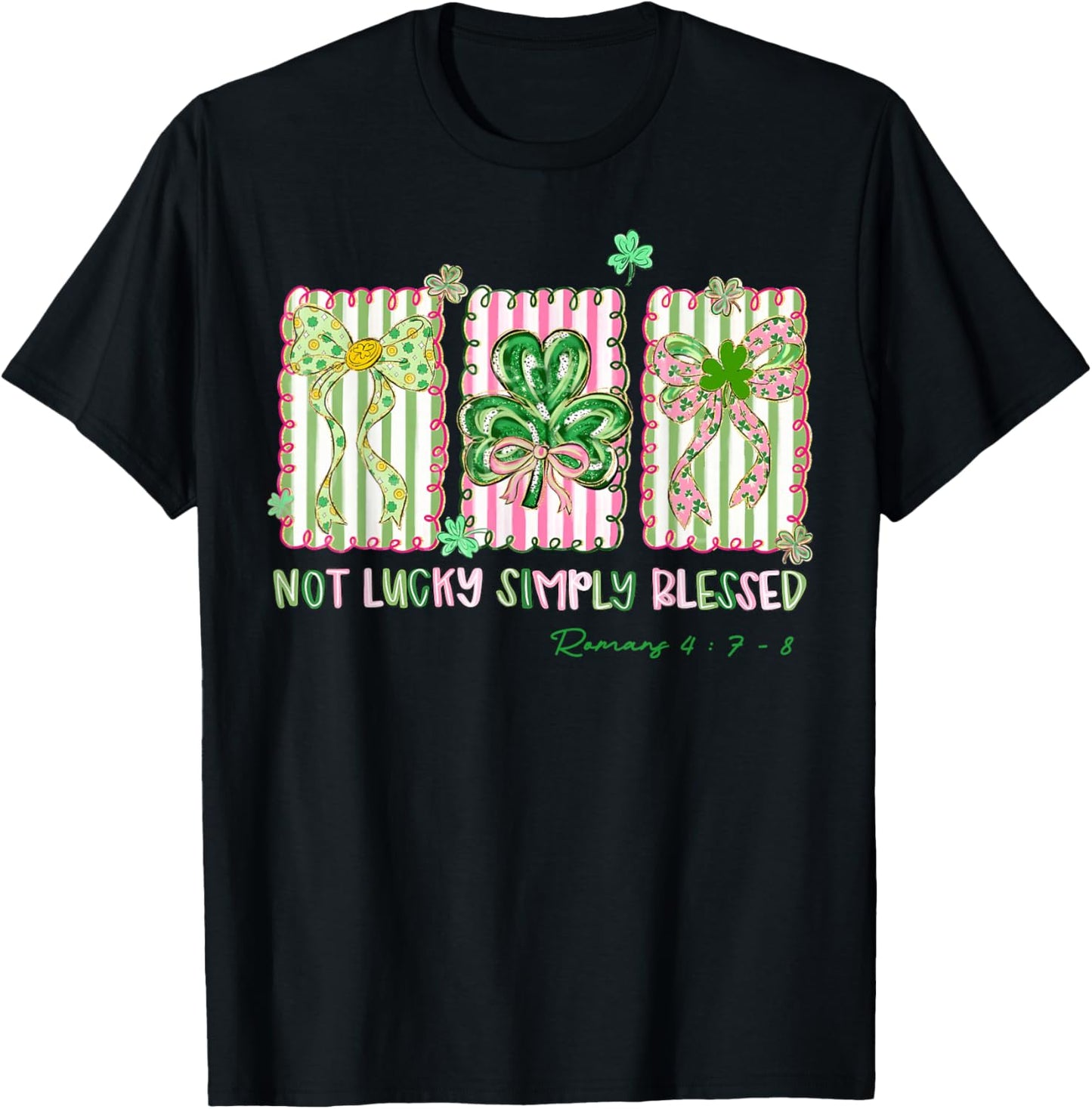 Preppy St Patrick's Day Simply Blessed Coquette Bow Shamrock T-Shirt - T-Shirt | Black