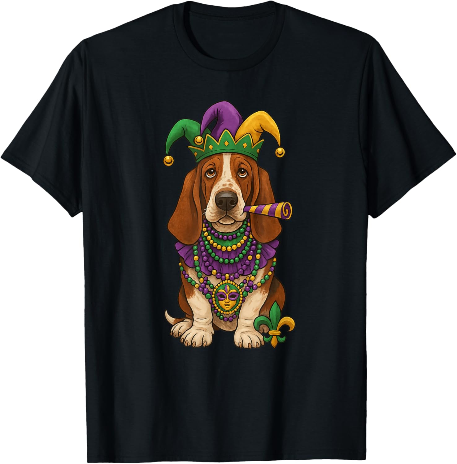 Mardi Gras, Basset Hound, Cute Dog T-Shirt - T-Shirt | Black