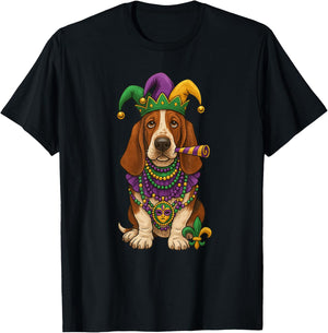 Mardi Gras, Basset Hound, Cute Dog T-Shirt - T-Shirt | Black