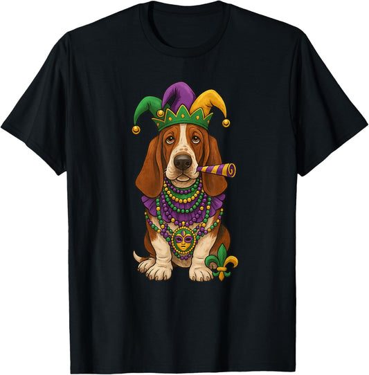 Mardi Gras, Basset Hound, Cute Dog T-Shirt - T-Shirt | Black